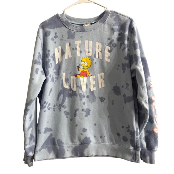 MAD Engine Sweaters - The Simpsons Nature Lover Blue Tie-Dye Sweatshirt W/ Floral Sleeves Womens M